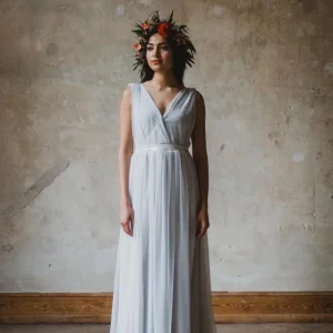 Boho Brautkleid lang "Heaven" aus blaugrauem Feintüll